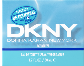Jasnoniebieskie opakowanie wody toaletowej DKNY Be Delicious Pool Party Bay Breeze, z białym logo, widok z przodu.