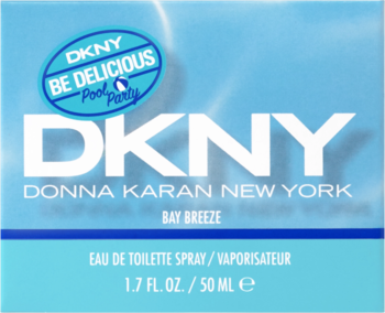 Niebieskie opakowanie DKNY Be Delicious Pool Party Bay Breeze EDT 50ml, z białymi napisami, widok z przodu.