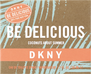 DKNY Be Delicious Coconuts About Summer woda toaletowa, brązowe pudełko z błękitnymi palmami i białym napisem.