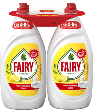 Dwie białe butelki płynu do naczyń Fairy Cytryna 1350ml w ekonomicznym dwupaku, widok z przodu.