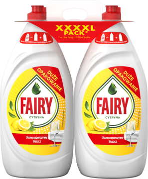 Dwa płyny do naczyń Fairy Original cytrynowe, 2x1350ml, z czerwoną rączką, widok z przodu.