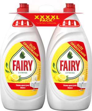 Dwie butelki Fairy Original płynu do naczyń o zapachu cytryny, XXXL PACK, białe opakowania, widok z przodu.
