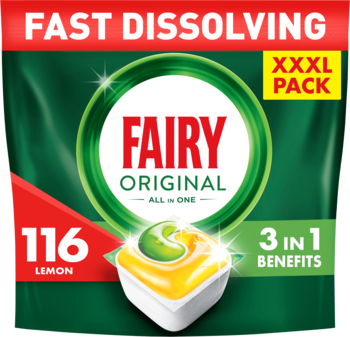 Zielone opakowanie Fairy Original All in One, 116 cytrynowych kapsułek do zmywarki, szybko rozpuszczalne, widok z przodu.