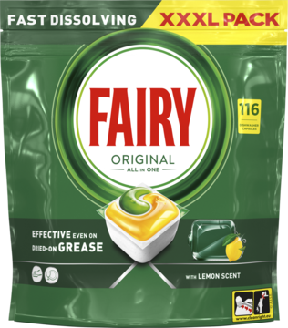 Zielone opakowanie Fairy Original All in One, 116 kapsułek, przód z logo, kapsułką i napisem 'Lemon Scent'.