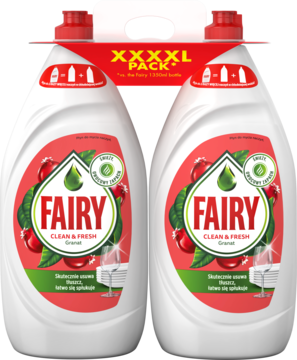 Zestaw 2 płynów do naczyń Fairy Granat, białe butelki 2x1350ml, widok z przodu, z czerwoną etykietą XXL.