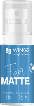 Niebieski fixer matujący AA Wings of Color 16h z niacynamidem B3, butelka spray, widok z przodu.