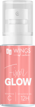 Różowa butelka AA Wings of Color Fixer GLOW z witaminą C, mgiełka utrwalająca makijaż na 12H.