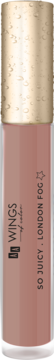 Błyszczyk WINGS color So Juicy London Fog w odcieniu nude, długa tubka ze złotą zakrętką z bąbelkami, widok przód.