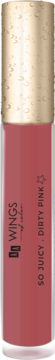 Pionowy błyszczyk do ust So Juicy Dirty Pink z przezroczystą, różową butelką i złotą, teksturowaną nakrętką.