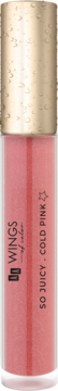 Różowy błyszczyk WINGS by Selco So Juicy Cold Pink, w przezroczystej tubce ze złotą, ozdobną zakrętką, widok z przodu.