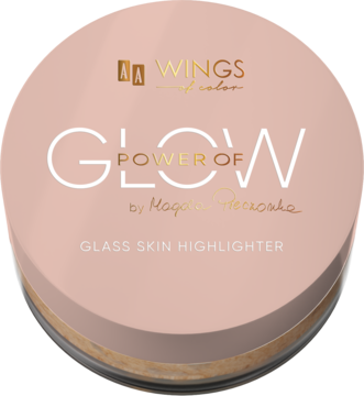 Wypiekany rozświetlacz Glass Skin Highlighter POWER OF GLOW w okrągłym różowym opakowaniu, z góry.