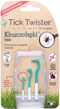 Tick Twister Kleszczołapki TRIO. Zestaw rodzinny 3 turkusowo-białych haczyków do bezpiecznego usuwania kleszczy.
