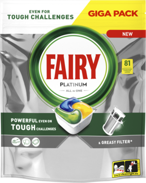 Srebrne opakowanie kapsułek Fairy Platinum All In One, GIGA PACK 81 sztuk, z logo Fairy i widokiem kapsułki.