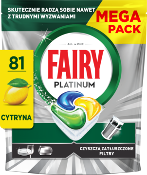 Fairy Platinum All in One Lemon kapsułki do zmywarki, 81 sztuk, srebrno-zielone opakowanie, widok z przodu.