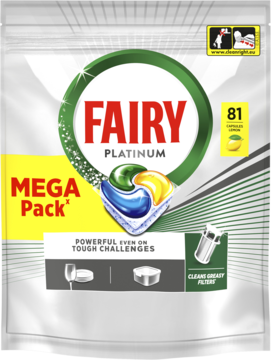 Fairy Platinum All In One Lemon, Mega Pack 81 kapsułek do zmywarki w srebrnym opakowaniu, widok z przodu.