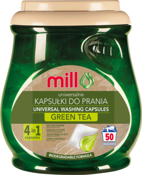 Ciemnozielony pojemnik Mill Universal Washing Capsules Green Tea 4w1, z etykietą wskazującą na 50 prań.