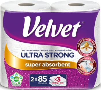 Ręcznik papierowy Velvet Ultra Strong, fioletowe opakowanie z dwiema rolkami, widok z przodu, super chłonny.