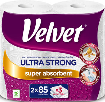 Ręcznik papierowy Velvet Ultra Strong, 2 rolki, 3 warstwy, super chłonny, fioletowo-białe opakowanie, widok z przodu.