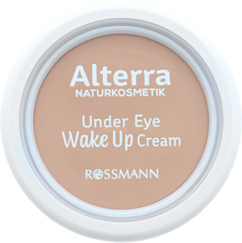 Alterra Under Eye Wake Up Cream, rozświetlający korektor, w okrągłym białym słoiczku z beżowym wieczkiem, widok z góry.