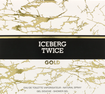 Pudełko męskiej wody toaletowej Iceberg Twice Gold. Biało-złoty marmurkowy wzór, czarny pas z białym napisem.