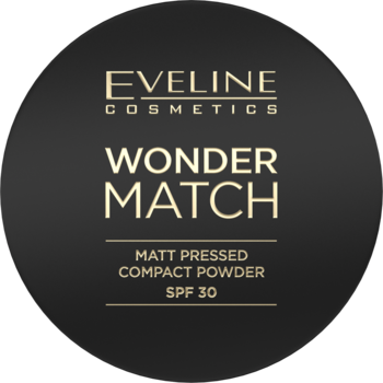 Eveline Wonder Match - czarny, okrągły matujący puder w kamieniu z filtrem SPF 30. Widok z przodu.