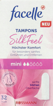 Biało-różowe opakowanie tamponów Facelle SilkFeel Mini 32 szt. z napisem „Höchster Komfort”, widok z przodu.