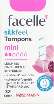 Białe opakowanie Facelle silkfeel Tampons mini 32 sztuki. Różowe napisy, gładka powierzchnia dla łatwej aplikacji.