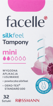 Białe pudełko tamponów higienicznych Facelle Silkfeel Mini 32 sztuki, z różową grafiką, Rossmann, przód.