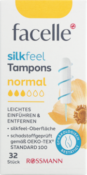 Opakowanie tamponów Facelle Silkfeel Normal, białe z żółtym, widok z przodu. Zawiera 32 sztuki, łatwe w aplikacji.