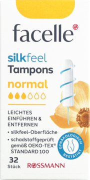 Opakowanie tamponów Facelle Silkfeel Normal, 32 sztuki, na białym tle. Żółte elementy i symbol 3/5 kropel absorpcji.