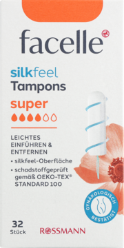 Białe opakowanie tamponów Facelle silkfeel Super, 32 szt., z łatwą aplikacją, pomarańczowe detale, widok z przodu.