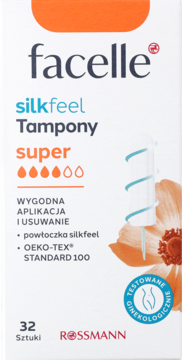 Facelle Silkfeel Tampony Super, 32 sztuki, biało-pomarańczowe opakowanie z przodu, z wizualizacją tamponu.