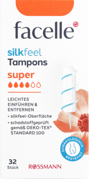 Białe opakowanie tamponów facelle silkfeel Super (32 szt.), z logo Rossmann, z informacją o łatwej aplikacji.