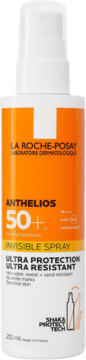 La Roche-Posay Anthelios SPF 50+ Invisible Spray, biała butelka z pomarańczową etykietą, widok z przodu.