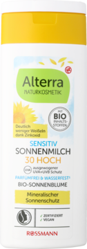 Alterra Sonnenmilch 30 Sensitiv, biała butelka z żółtą zakrętką, widok z przodu, mineralny SPF, vegan.