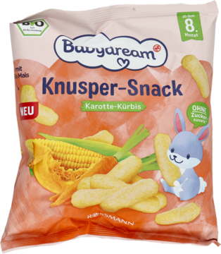 Babydream Bio chrupki kukurydziane marchewkowo-dyniowe, pomarańczowa torebka, dla dzieci od 8. miesiąca.