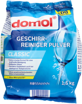 Niebieska torba proszku do zmywarek Domol Classic 1,5 kg, widok z przodu, z białym napisem i grafiką szklanki.