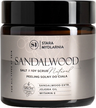 Peeling solny do ciała Stara Mydlarnia Sandalwood Natural w ciemnobrązowym słoiku, z beżową etykietą, widok z przodu.