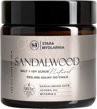 Peeling solny do ciała Stara Mydlarnia Sandalwood Natural w ciemnobrązowym słoiku, z beżową etykietą, widok z przodu.