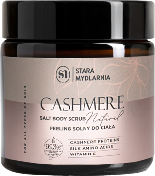 Peeling solny Cashmere Stara Mydlarnia w brązowym słoiku z różową etykietą, widok z przodu.