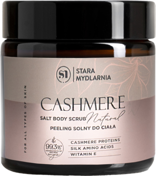 Peeling solny Cashmere Stara Mydlarnia w brązowym słoiku z różową etykietą, widok z przodu.