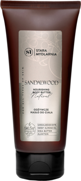 Ciemnobrązowa tuba masła Sandalwood Nourishing Body Butter Natural, Stara Mydlarnia, czarna nakrętka, widok z przodu.