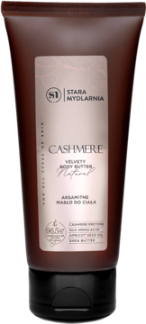 Aksamitne masło do ciała Stara Mydlarnia Cashmere, 96.5% naturalne, w brązowej tubce, widok z przodu.