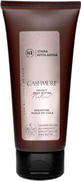 Aksamitne masło do ciała Stara Mydlarnia Cashmere, 96.5% naturalne, w brązowej tubce, widok z przodu.