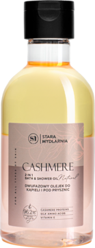 Stara Mydlarnia Cashmere dwufazowy olejek do kąpieli i prysznica, żółto-różowy, czarna zakrętka.