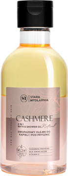 Stara Mydlarnia Cashmere dwufazowy olejek do kąpieli i prysznica, żółto-różowy, czarna zakrętka.