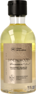 Stara Mydlarnia Dwufazowy olejek do kąpieli Sandalwood w szklanej butelce z czarnym zamknięciem, widok z przodu.