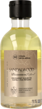 Stara Mydlarnia Dwufazowy olejek do kąpieli Sandalwood w szklanej butelce z czarnym zamknięciem, widok z przodu.