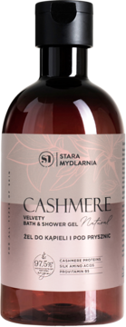 Stara Mydlarnia Cashmere, aksamitny żel pod prysznic w brązowej butelce z jasnoróżową etykietą, przód.
