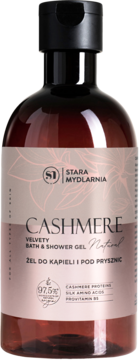 Stara Mydlarnia Cashmere, aksamitny żel pod prysznic w brązowej butelce z jasnoróżową etykietą, przód.